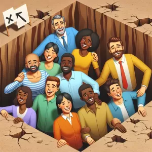 Working as a team: when everyone falls into the pit together, but still smiles.